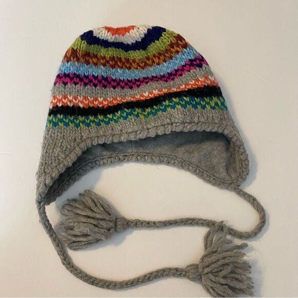 Billabong unisex colorful rainbow wool blend fleece lined ear flap ties hat OS - Picture 2 of 9